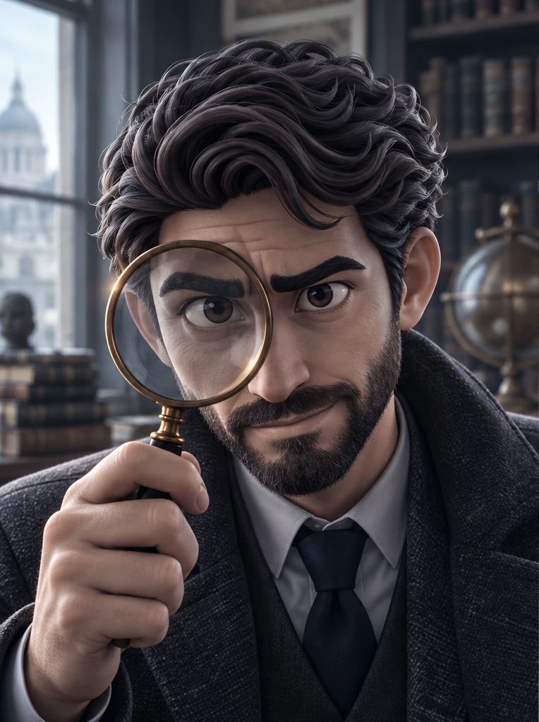 The Sleuth, in a dark wool coat, peering through a brass magnifying glass.