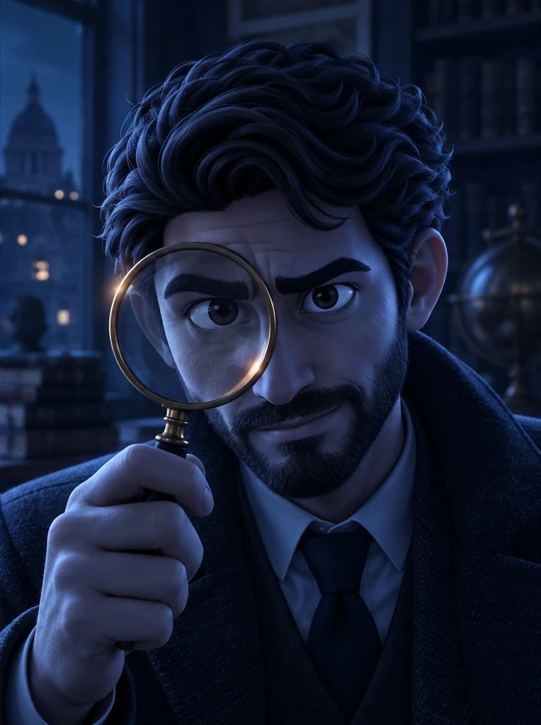 The Sleuth, in a dark wool coat, peering through a brass magnifying glass.